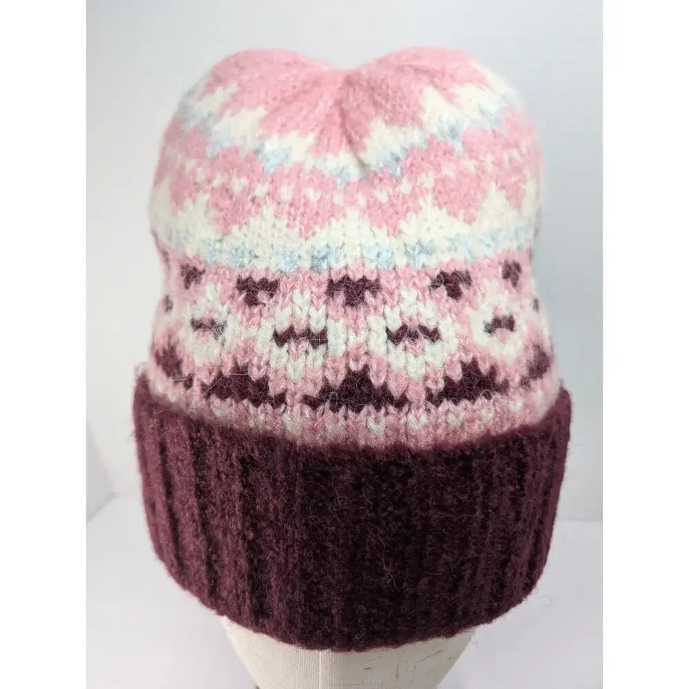 Vince Camuto Knit Brushed Fair Isle Beanie Color Wine‎ Winter Cold Weather Hat